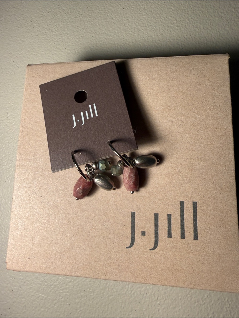 NEW J Jill Semi Precious Rhodonite Grey Gemstone Earrings Hoop Dangle Artisan